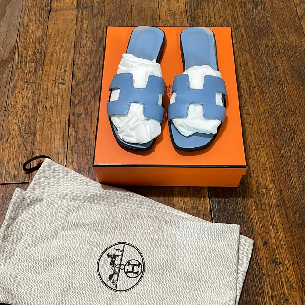 Hermes Oran Sandals Bleu Bleuet Size 38.5